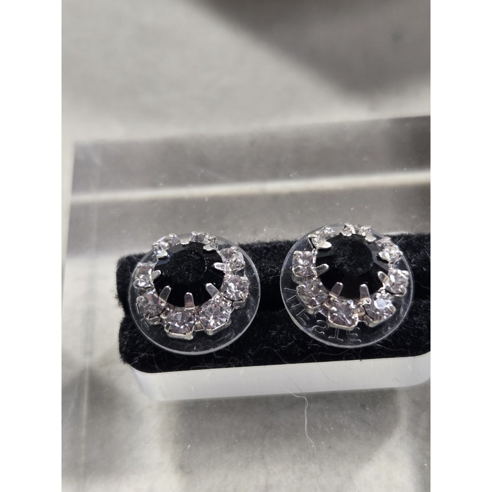 Vieste Black Clear Rhinestone Halo Stud Earrings Silver Tone Vintage Estate